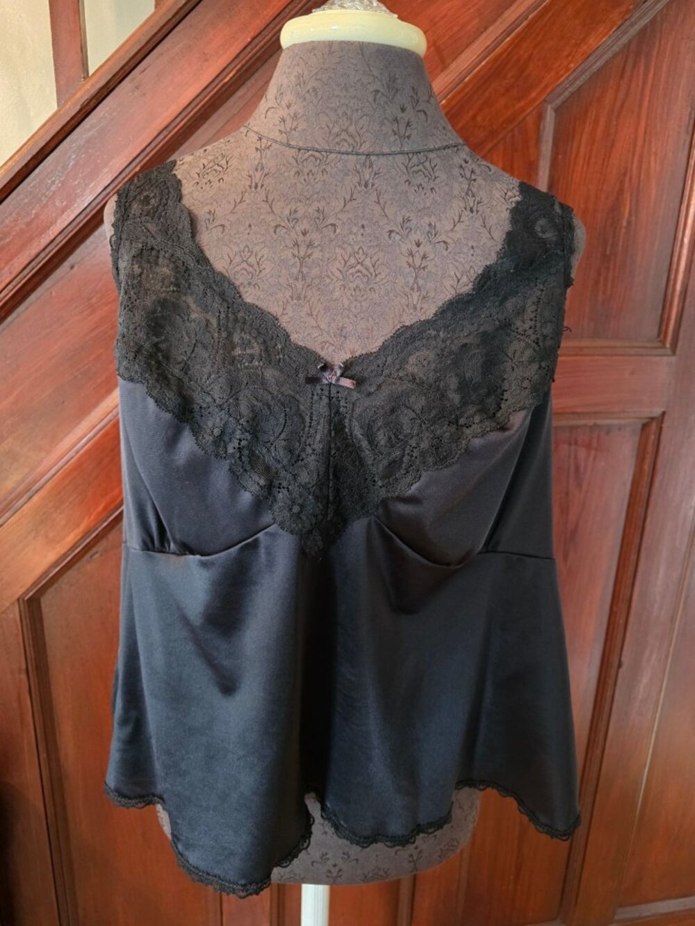 Black Vintage Vassarette Satin Camisole With Lace Trim & Adjustable Straps Made